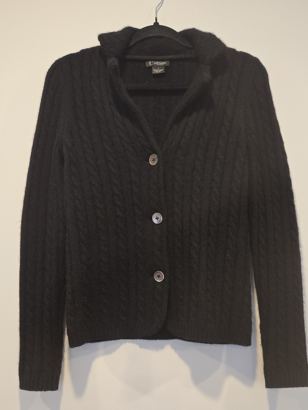 C by Bloomingdale's 2-Ply Cashmere Cable Knit Collared Cardigan Black Small
